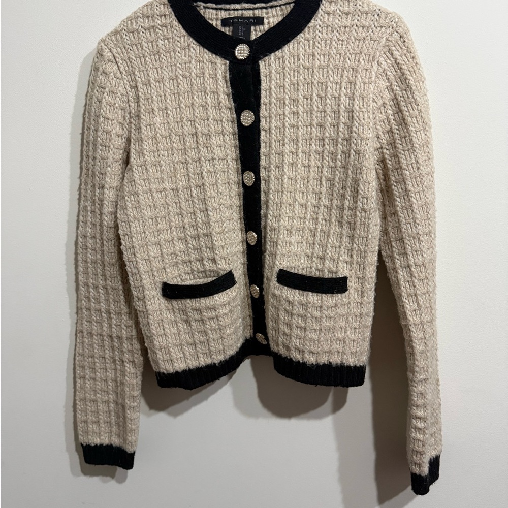 Tahari Cream and Black Textured Knit Cardigan with Gold Buttons